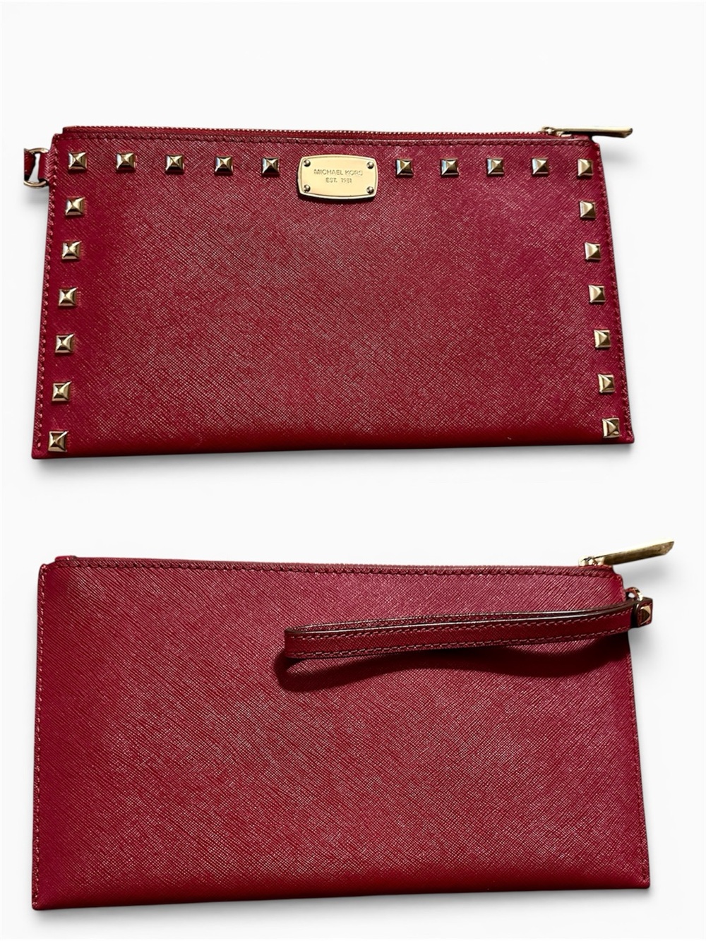 Michael Kors Red Saffiano Leather Large Studded Clutch Wallet Sandrine JetSet MK